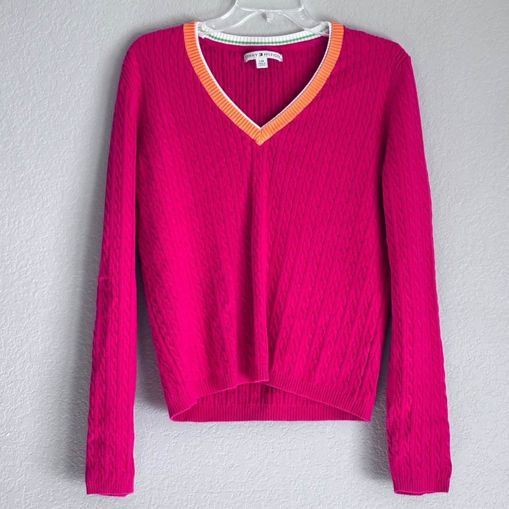 Y2K preppy Tommy Hilfiger women’s hot pink v-neck pullover sweater, size L